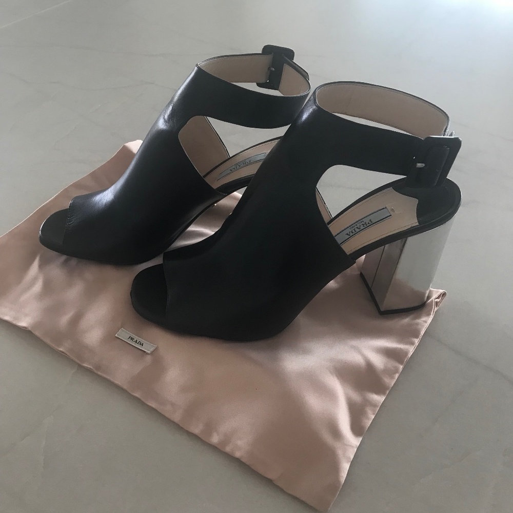 PRADA ANKLE  STRAP HEELS, BLACK, Size 39 1/2